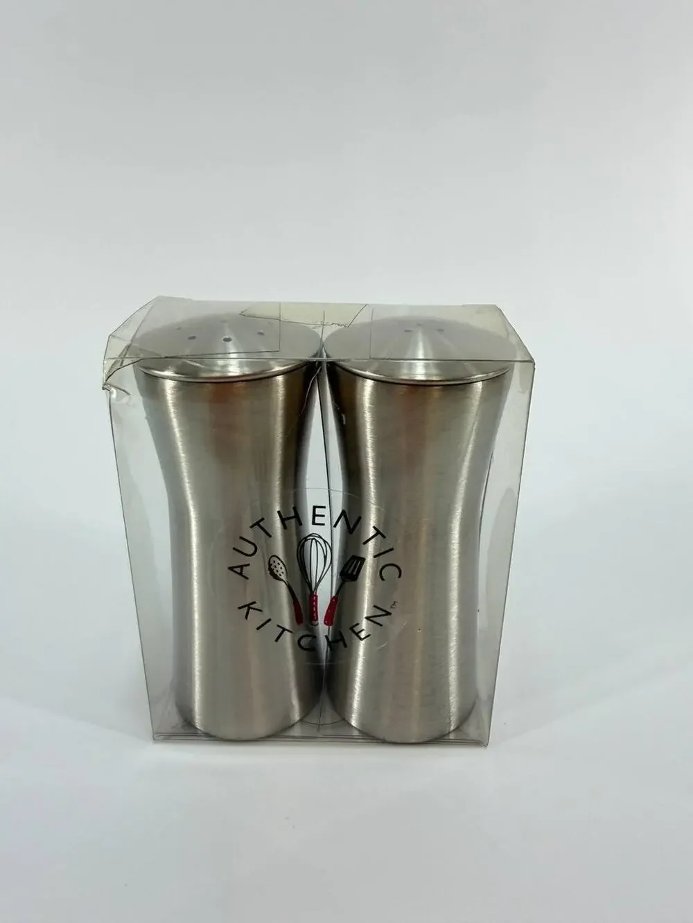 Authentic Kitchen Salt Pepper Shakers Set Stainless Steel New In Box